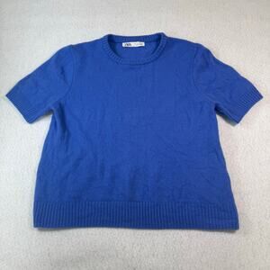 Zara Wool Crewneck Short Sleeve Sweater Blue Size Large